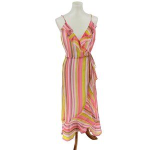 Lavender Brown Multicolor Striped Ruffle Wrap Dress Size S Made In USA